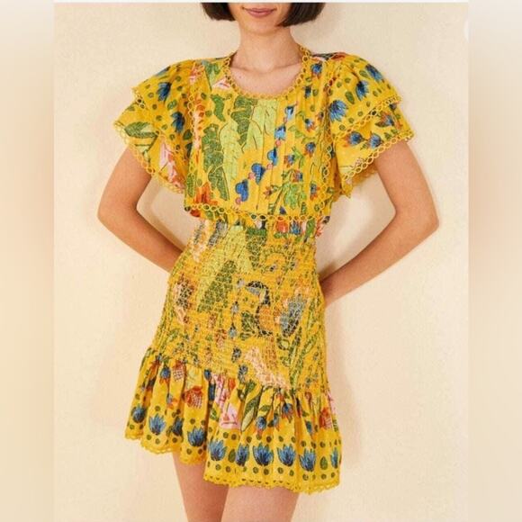 FARM Rio Dresses & Skirts - FARM RIO Summer Garden Dream Yellow Multi Floral Ruffled Mini Skirt XL, NWT